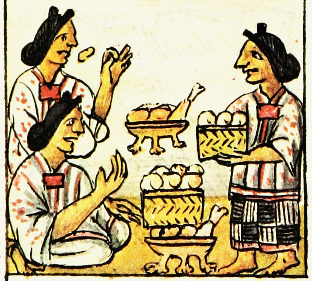 A 1500s illustration of three Aztec people with fancy food dishes in front of them.